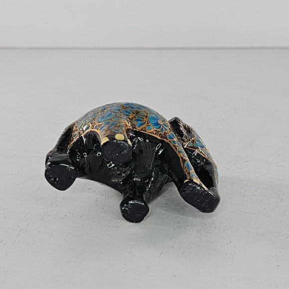 Hand-Painted Paper Mache Wood Elephant Figurine Blue Gold Floral Black 2" - Picture 5 of 8